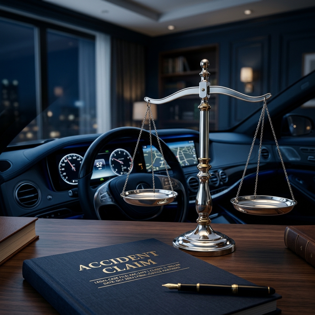A scale of justice reflecting a car dashboard, representing accident compensation law in Kenya
