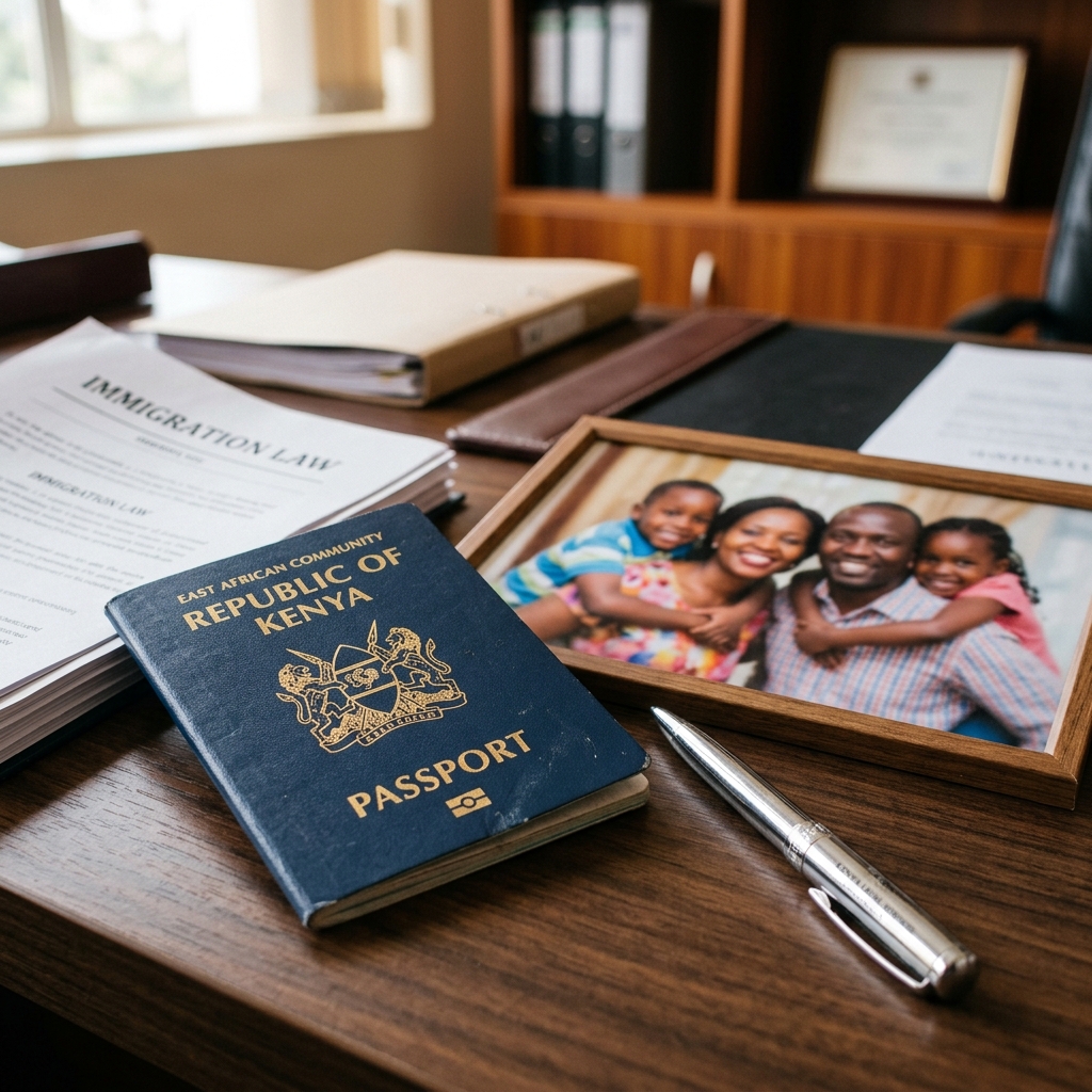 A Kenyan passport and a family photograph on a professional law office desk
