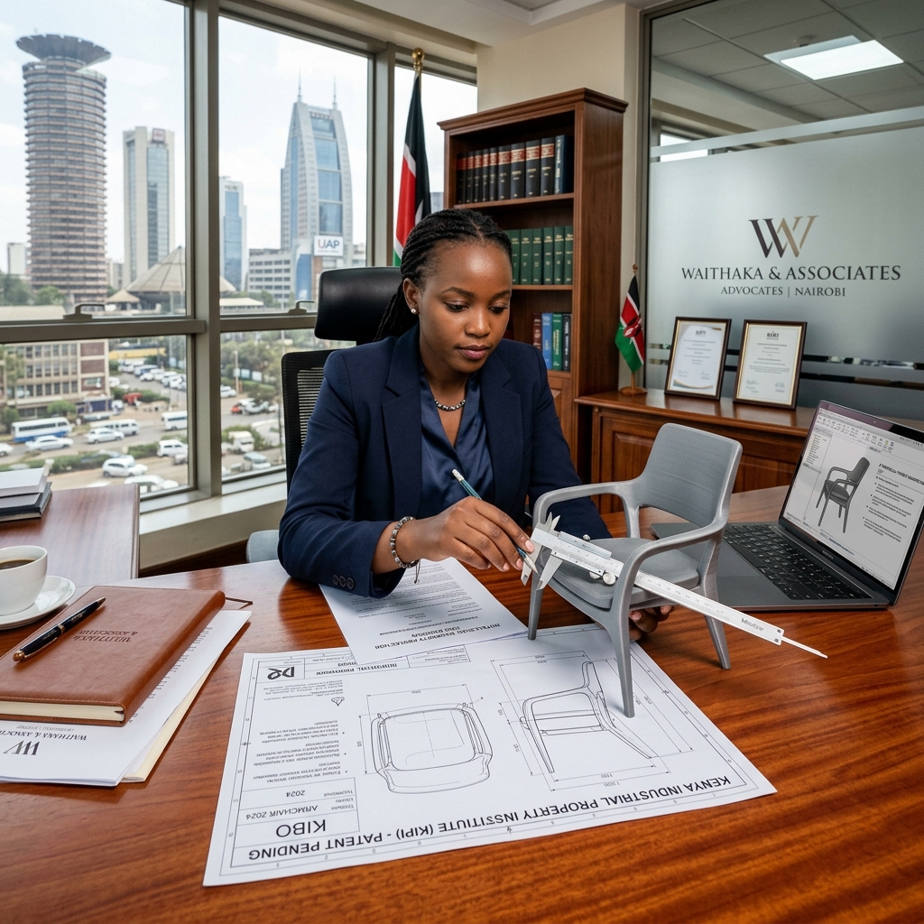 Technical blueprints and a prototype model representing industrial design protection