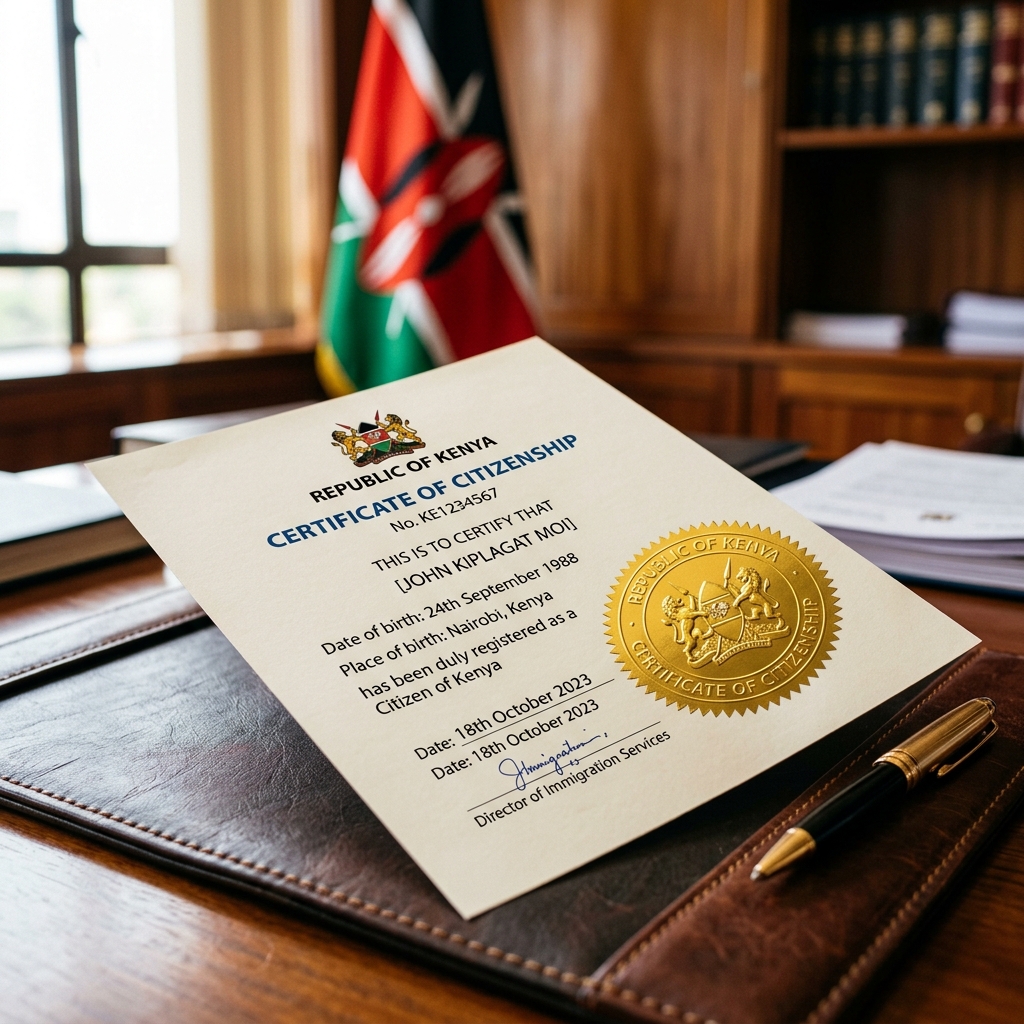 A premium Kenyan Certificate of Citizenship with a gold seal and a blurred national flag in the background